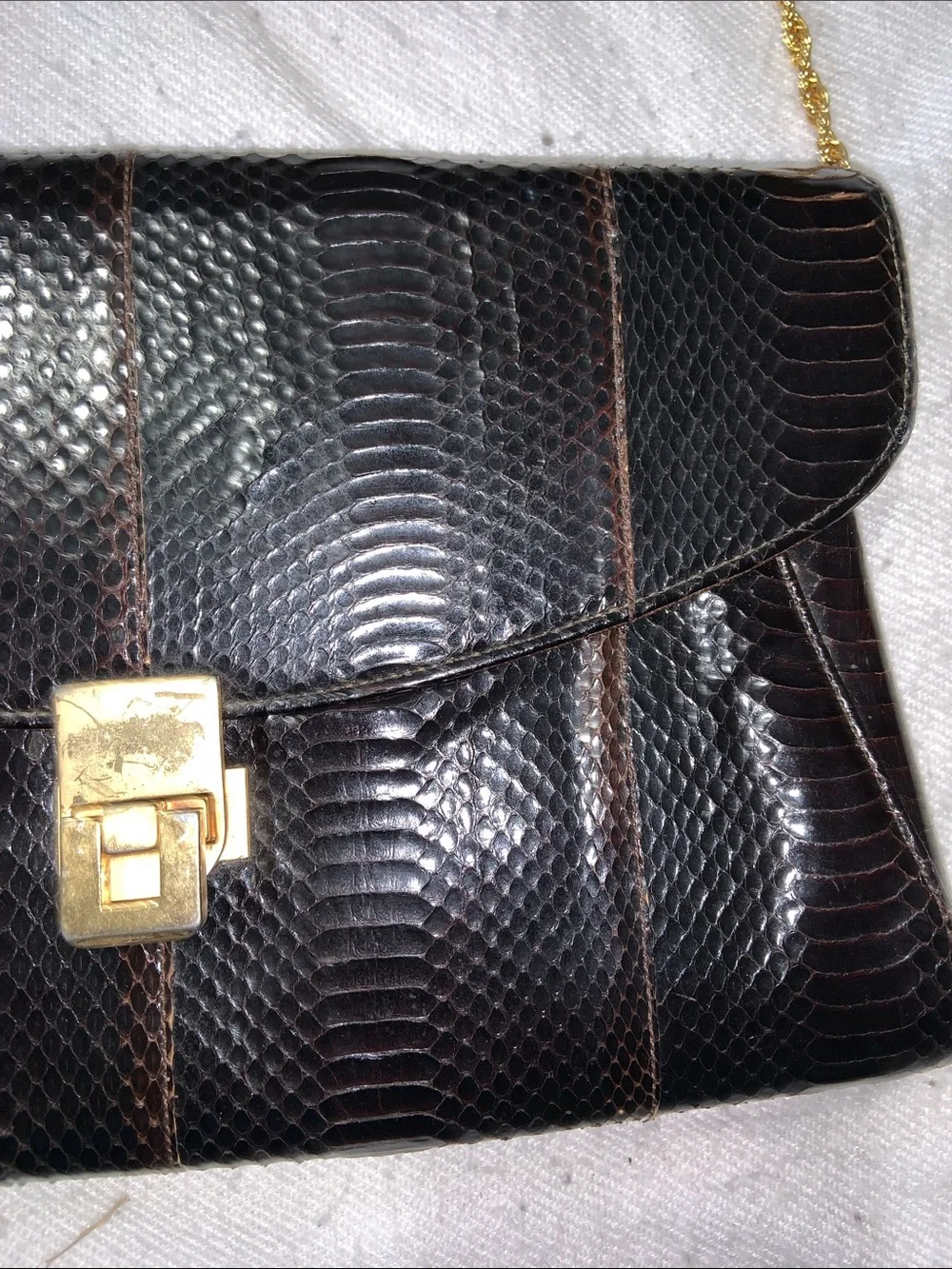 Black/Brown Textured SNAKE SKIN Shoulder Bag with Gold Chain and Lock